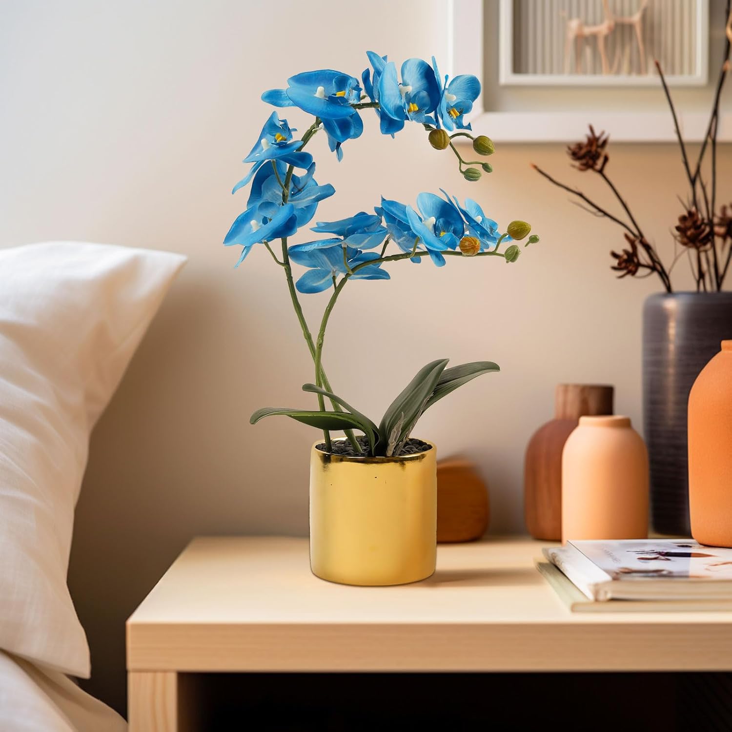 17“ Artificial Orchid Flowers Potted,Realistic Faux Blue Flowers in Pots for Bathroom Kitchen Home Office Living Room Table Decor Indoor Outdoor - Image 3