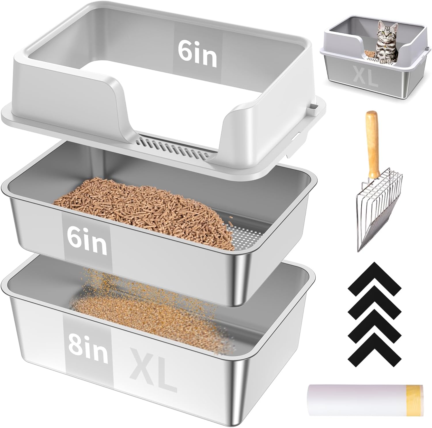 XL Stainless Steel Sifting Cat Litter Box with High Side, No Mess, Odor Control, Easy to Clean, Metal Cat Litter Box with 1 Metal Scooper & 10 Liner
