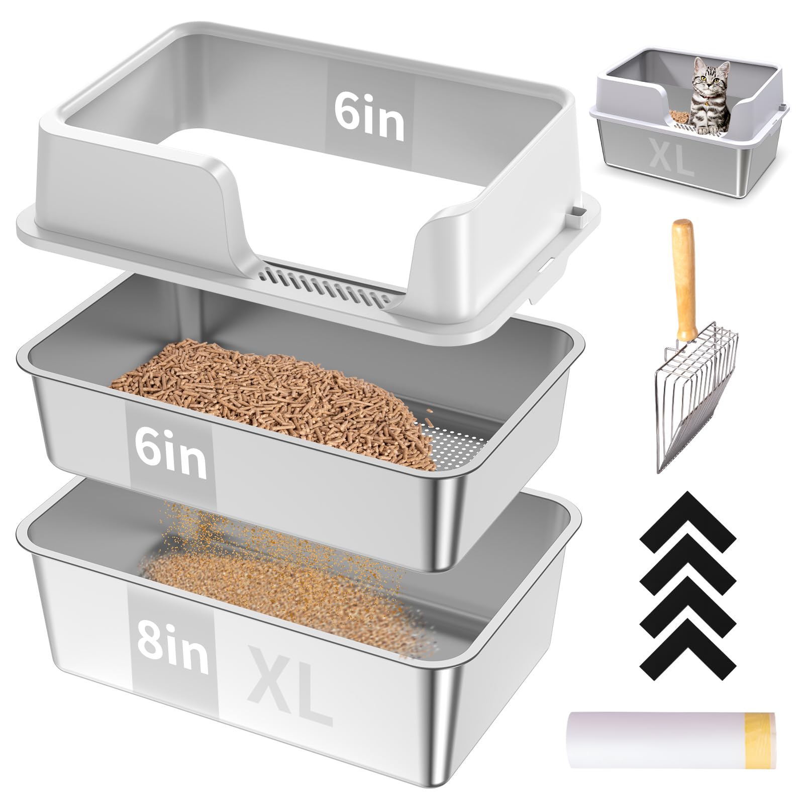 XL Stainless Steel Sifting Cat Litter Box with High Side, No Mess, Odor Control, Easy to Clean, Metal Cat Litter Box with 1 Metal Scooper & 10 Liner