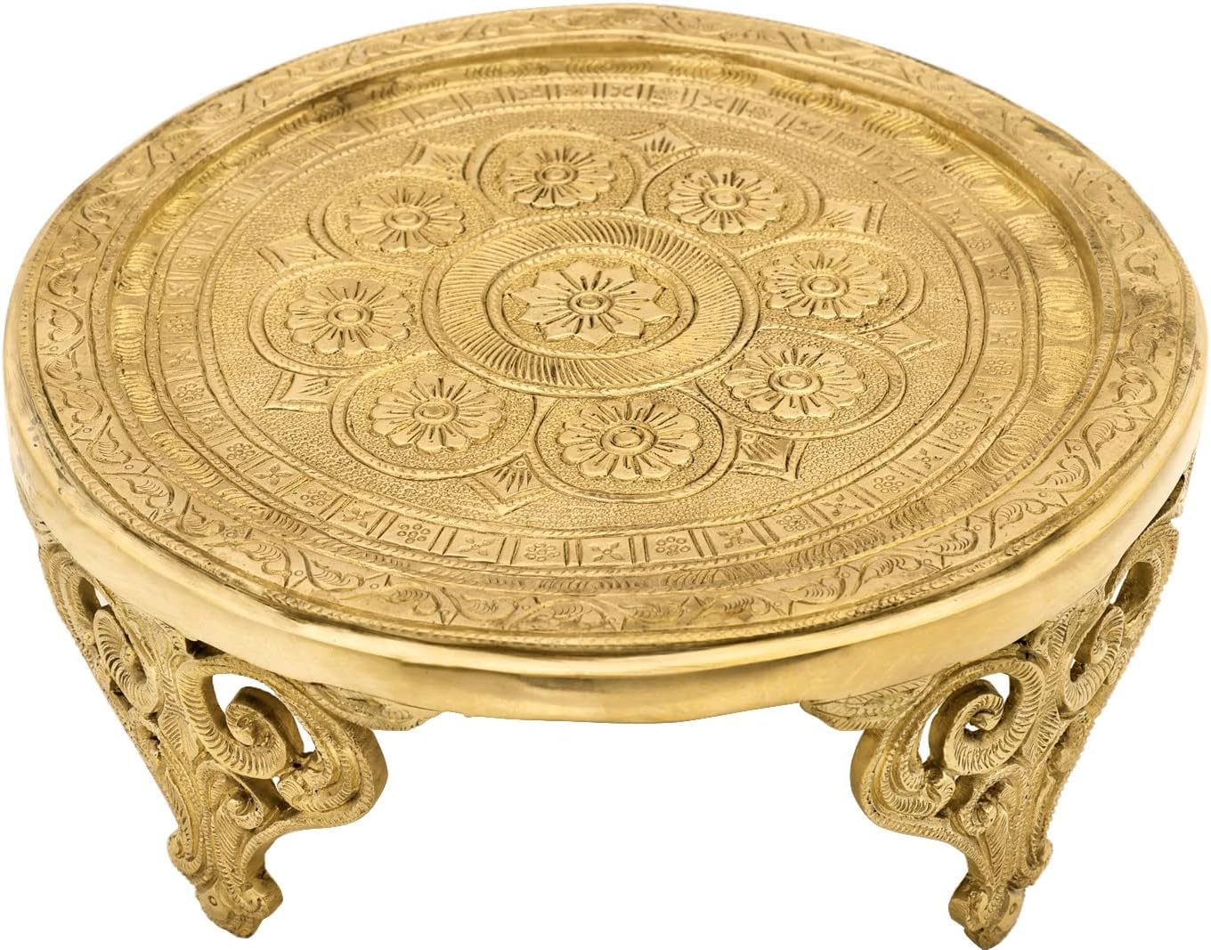 Exotic India Designer Floral Ritual Chowki (Pedestal) - Brass