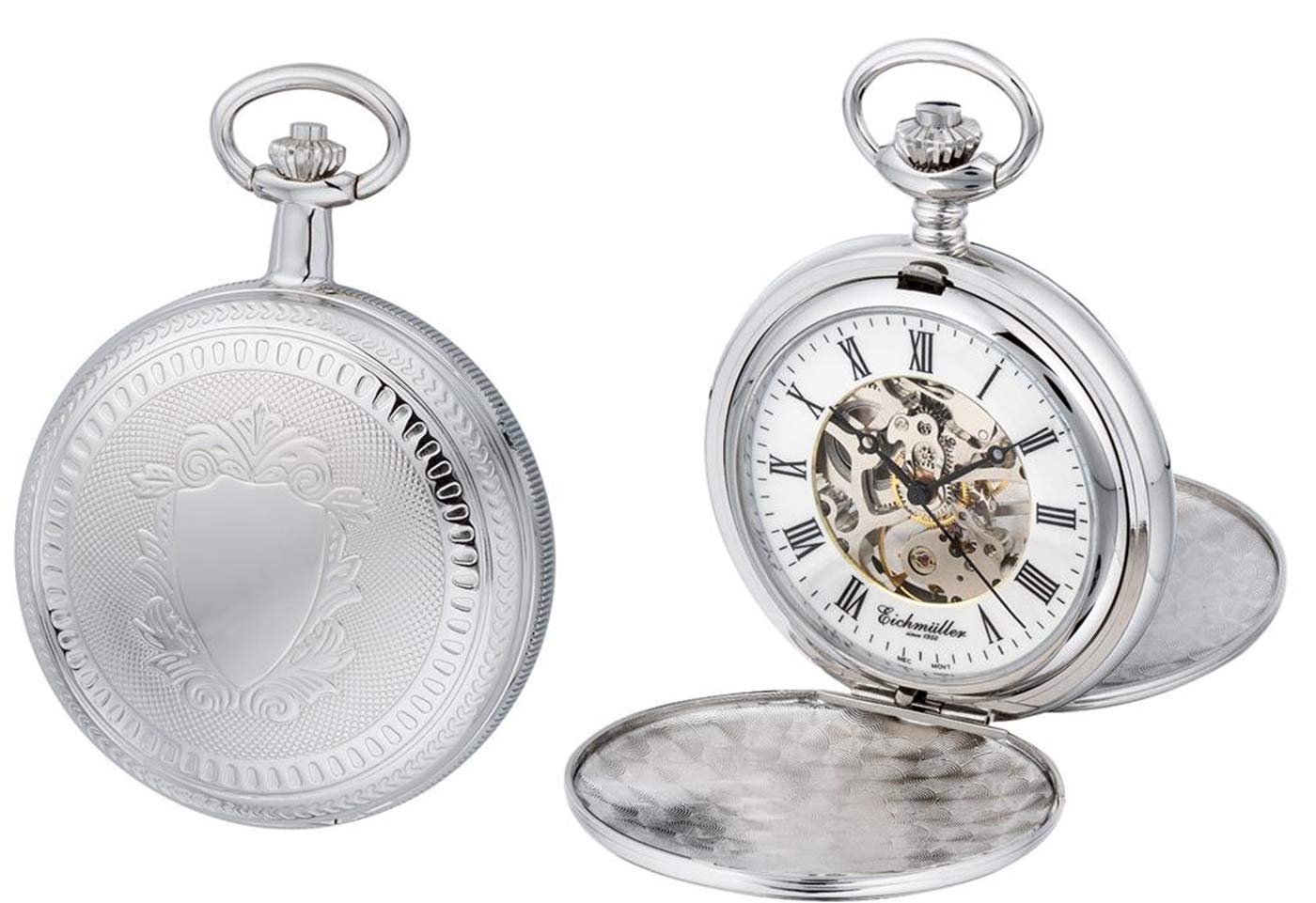 Eichmüller mechanische Edelstahl Skelett Taschenuhr Silber mit Kette und Etui, Handaufzug mit ca. 40 Stunden Gangreserve