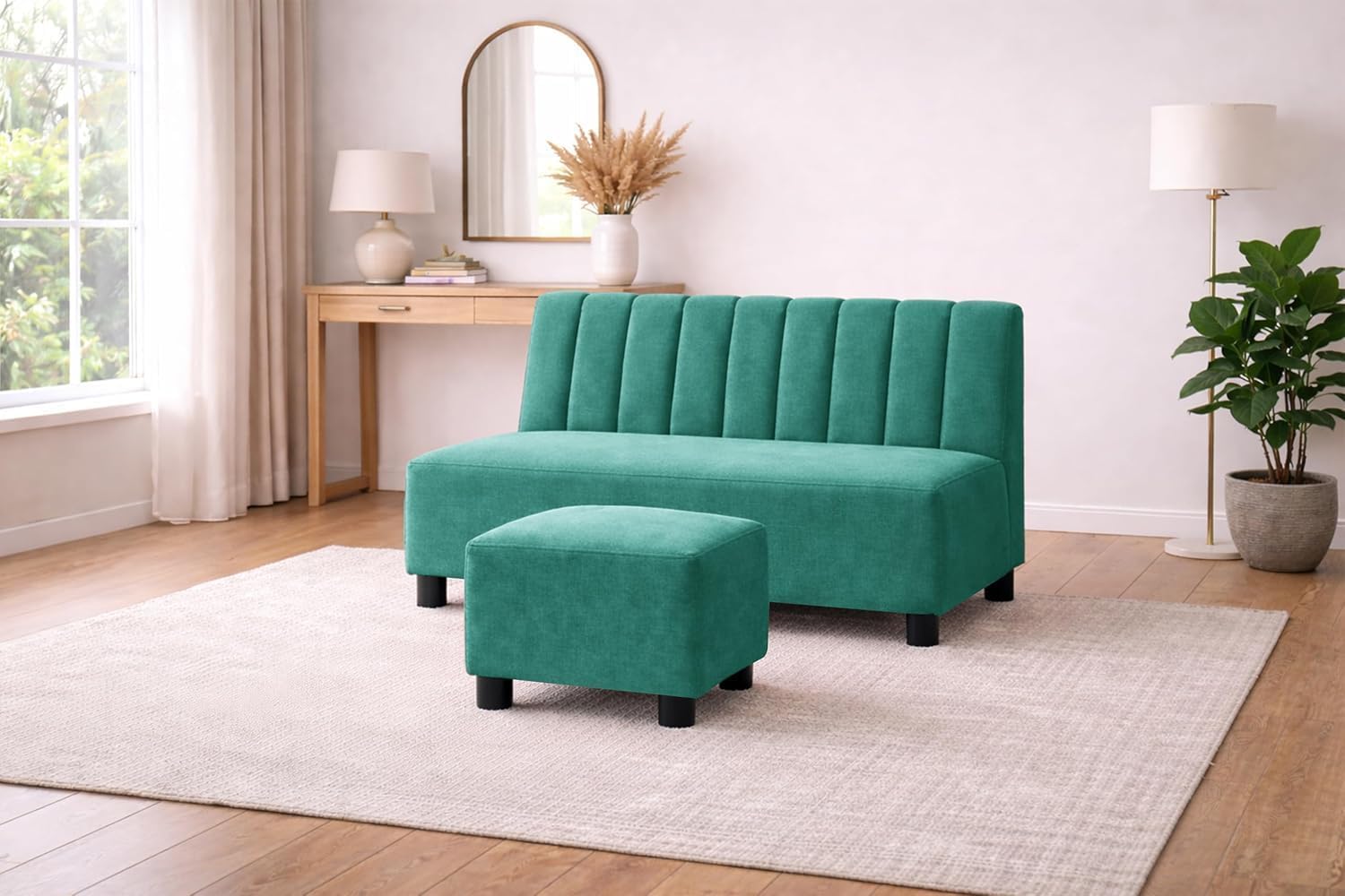 Rosebell Two Seater Sofa with Ottoman Combo Two Seater Sofa Set with Matching Footrest for Living Room, Office & Guest Room - Green Color