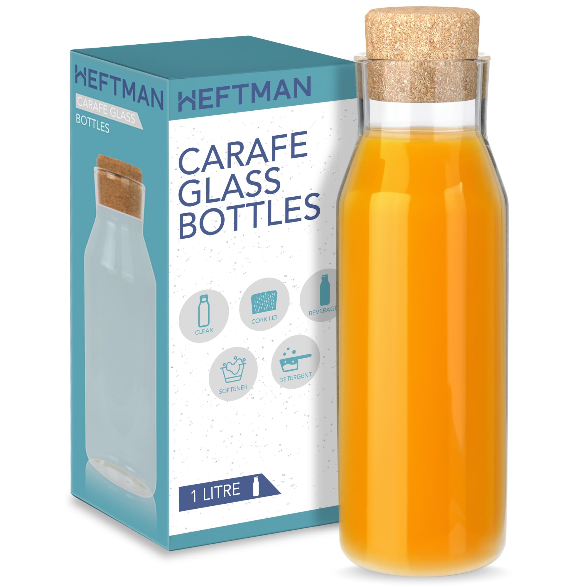 HEFTMAN Carafe Glass Bottle - 1 Litre Glass Bottle with Cork Lid, Clear Water Carafe for Hot & Cold Beverages, Reusable Fabric Softener Jars, Laundry Detergent Storage Jar with Stopper (1 Pack)
