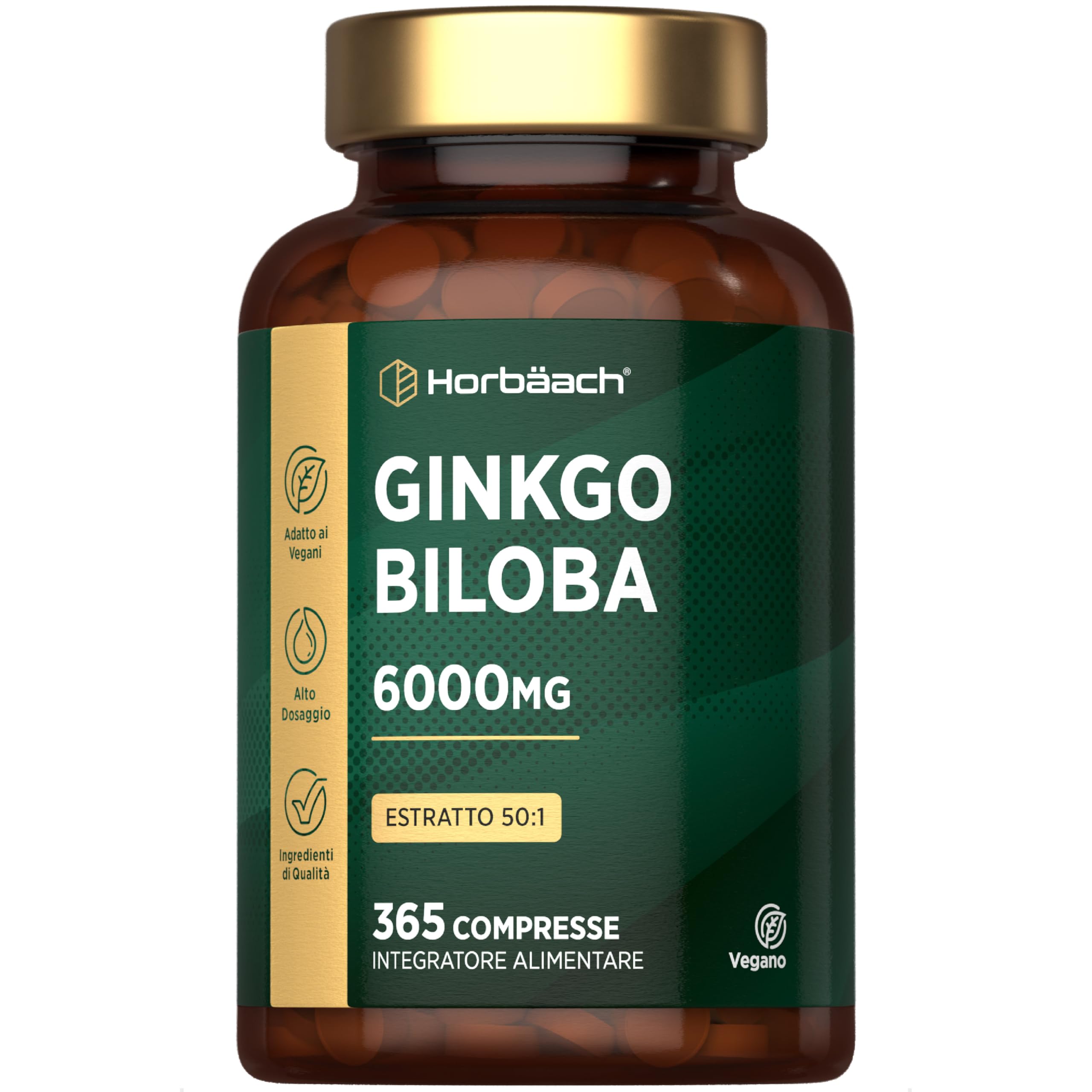 Ginkgo Biloba 6000mg | 365 Compresse Vegane (1 Anno) | Estratto 50:1 ad Alto Dosaggio | Ginkgo Biloba Forte (non capsule) | Facile da Deglutire | Horbaach