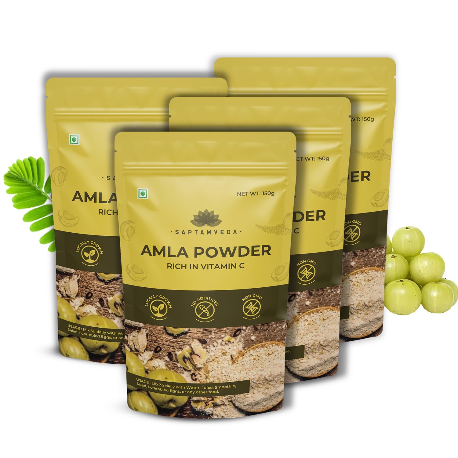 SAPTAMVEDA Premium Amla Indian Gooseberry Powder Dry (600Gm) 150Gm X 4 | Drinking, Eating, Hair Nourishment, Repair Damage Hair & Skin Care