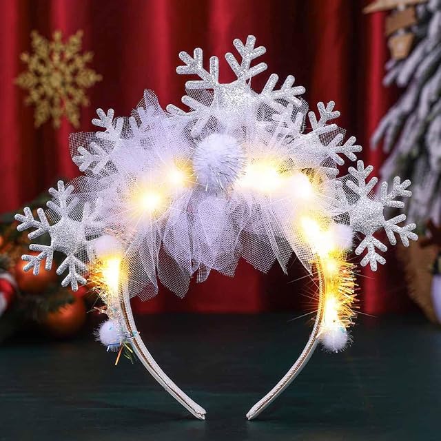Catery Christmas LED Headband Snowflake Light Up Headband Xmas Hair Hoop Holiday Sparkle Hair Accessoriess for Women Girls
