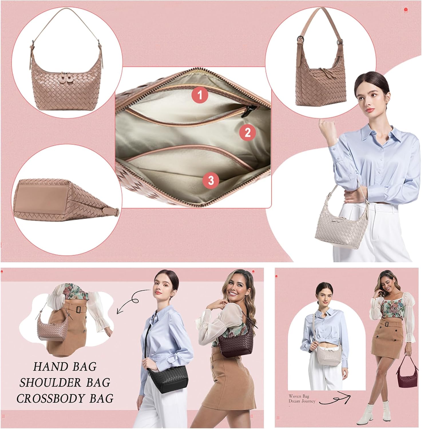 Handbag Shoulder Bags for Women Crossbody Tote Bags Woven Purse Clutch Women's Hobo Crescent Top-handle Adjustable