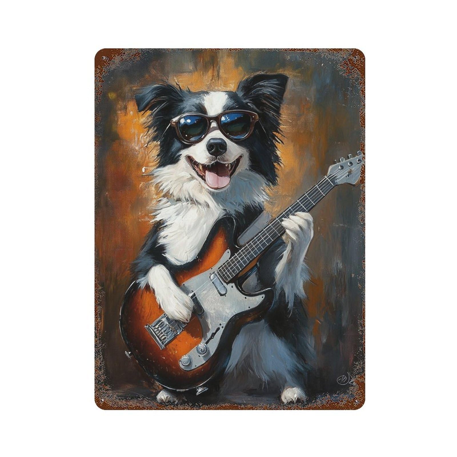 Dog Playing Guitar Art Print -1 Rustic Tin Plaque 15.7"x11.8", Ideal for Shed, Workshop And Garage Wall Decor