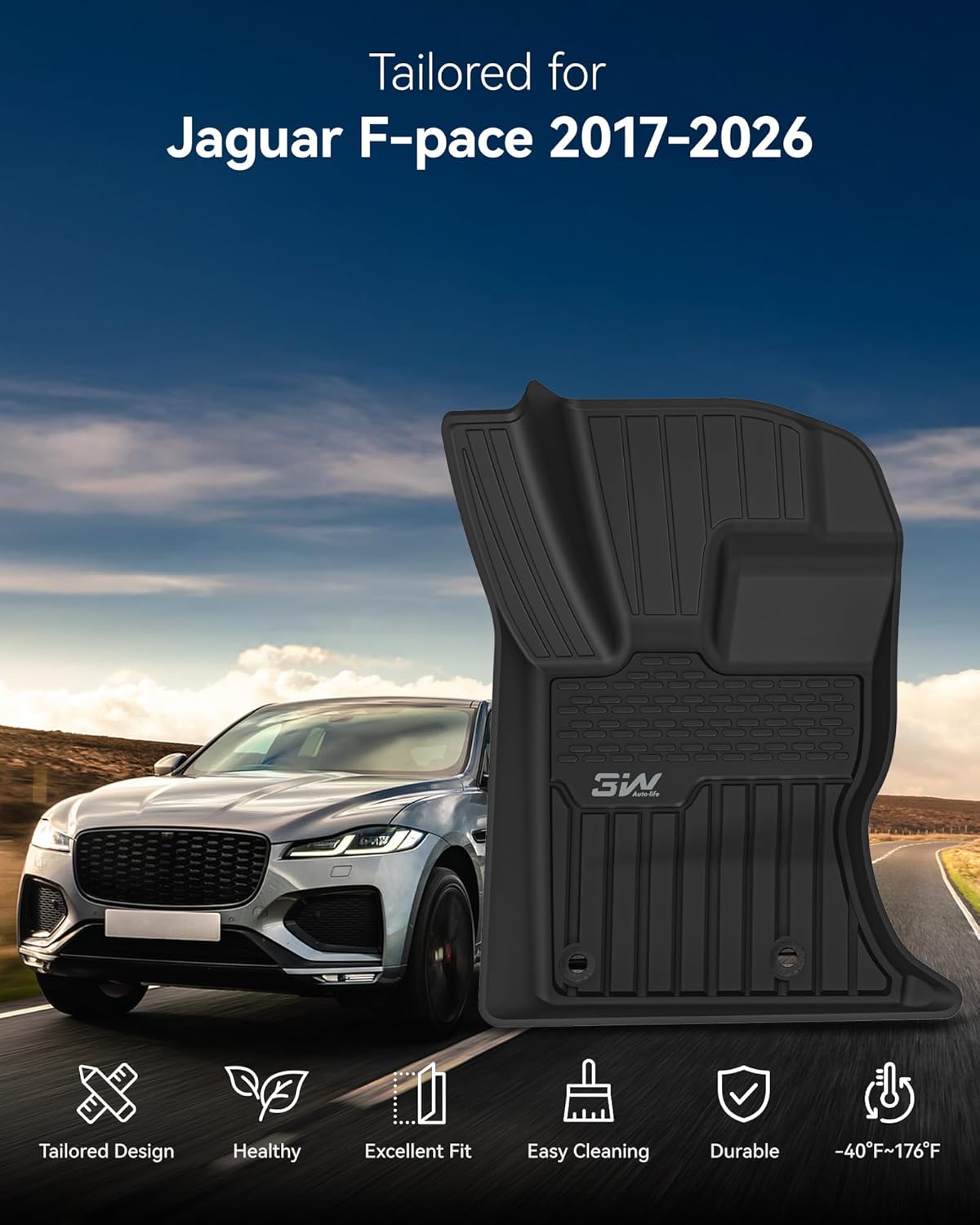 3W Floor Mats Fit for Jaguar F-pace & Land Rover Range Rover Velar 2017-2024 2025 2026, TPE All Weather Custom Fit Accessories for Jaguar F pace Floor Liner 1st and 2nd Row Full Set Car Mats, Black
