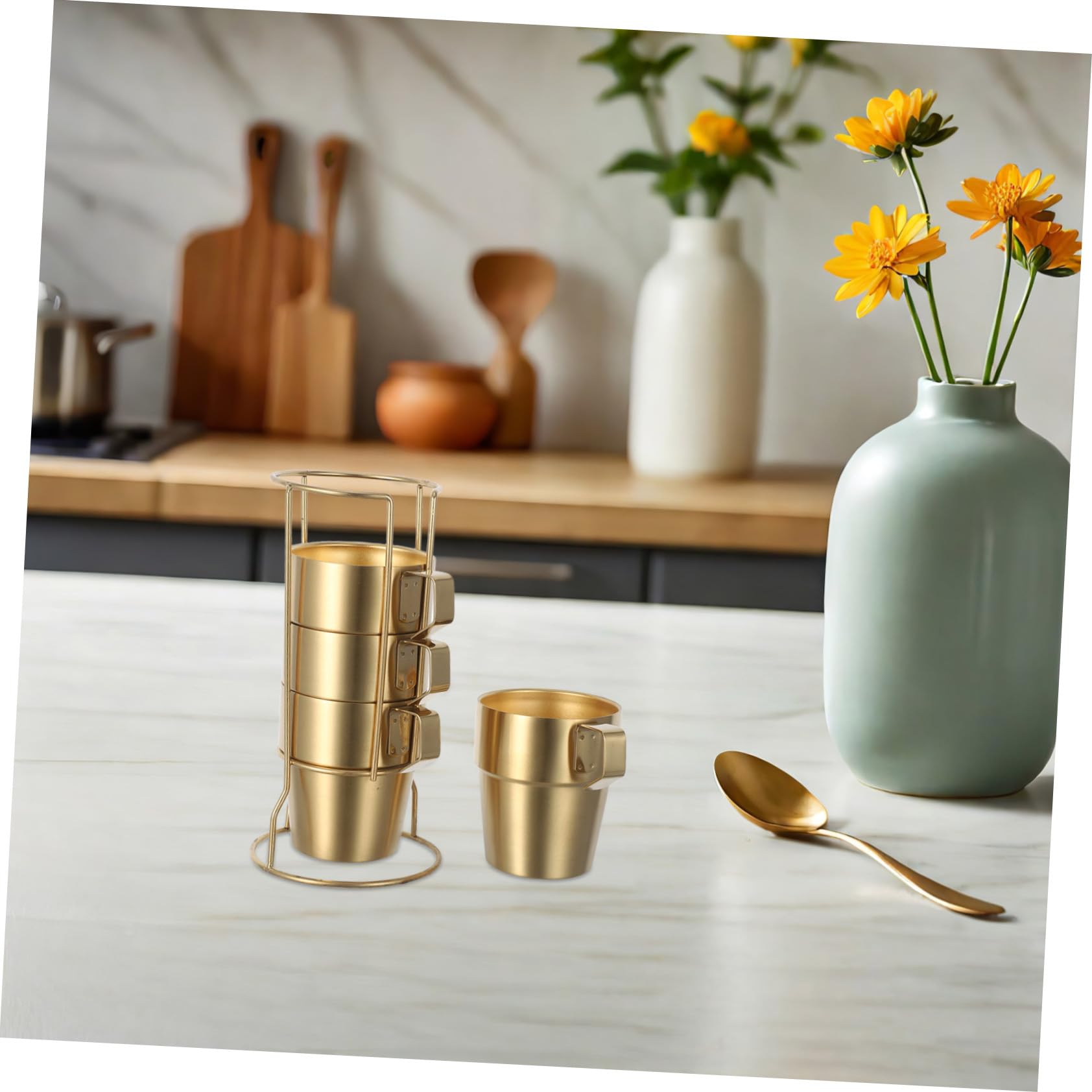 BESTYASH Taza Térmica de Doble Pared de Acero Inoxidable 300ml con Asa | Dorado, Apilable con Rejilla, 1 Juego, Apta para Capuchino y Bebidas Frías