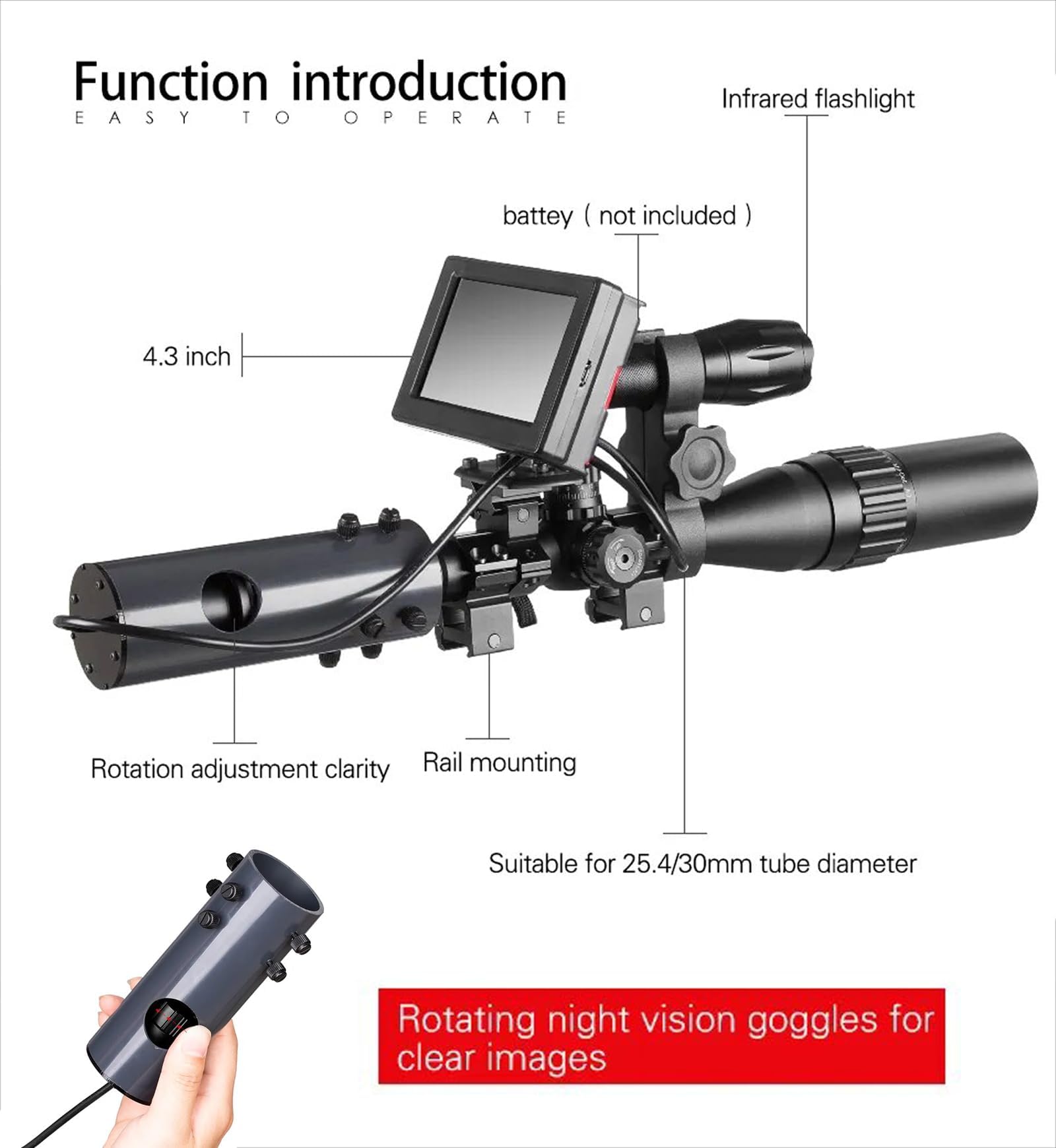 Visor de visión Nocturna, Iluminador infrarrojo de 850 NM Cámara Digital para Caza, Pantalla de 4,3 Pulgadas, Visión de 200 m de Noche, para Visor con Ocular de 35-45 mm