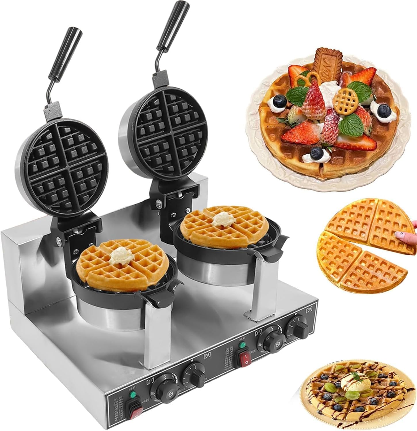 Gofrera Comercial, 2400 W, Acero Inoxidable, Doble Cabezal Giratorio, Antiadherente, Molde Redondo Para Gofres Belgas, Ideal Para Hornear Y Preparar Desayunos En Panaderías, Restaurantes Y Bares.