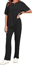 Famulily Ribbed Clothes Sets for Women Oversized Short Sleeve Tops and Wide Leg Trousers with Pockets, 2 Piece Outfits Tracksuits Loungewear Sleepwear