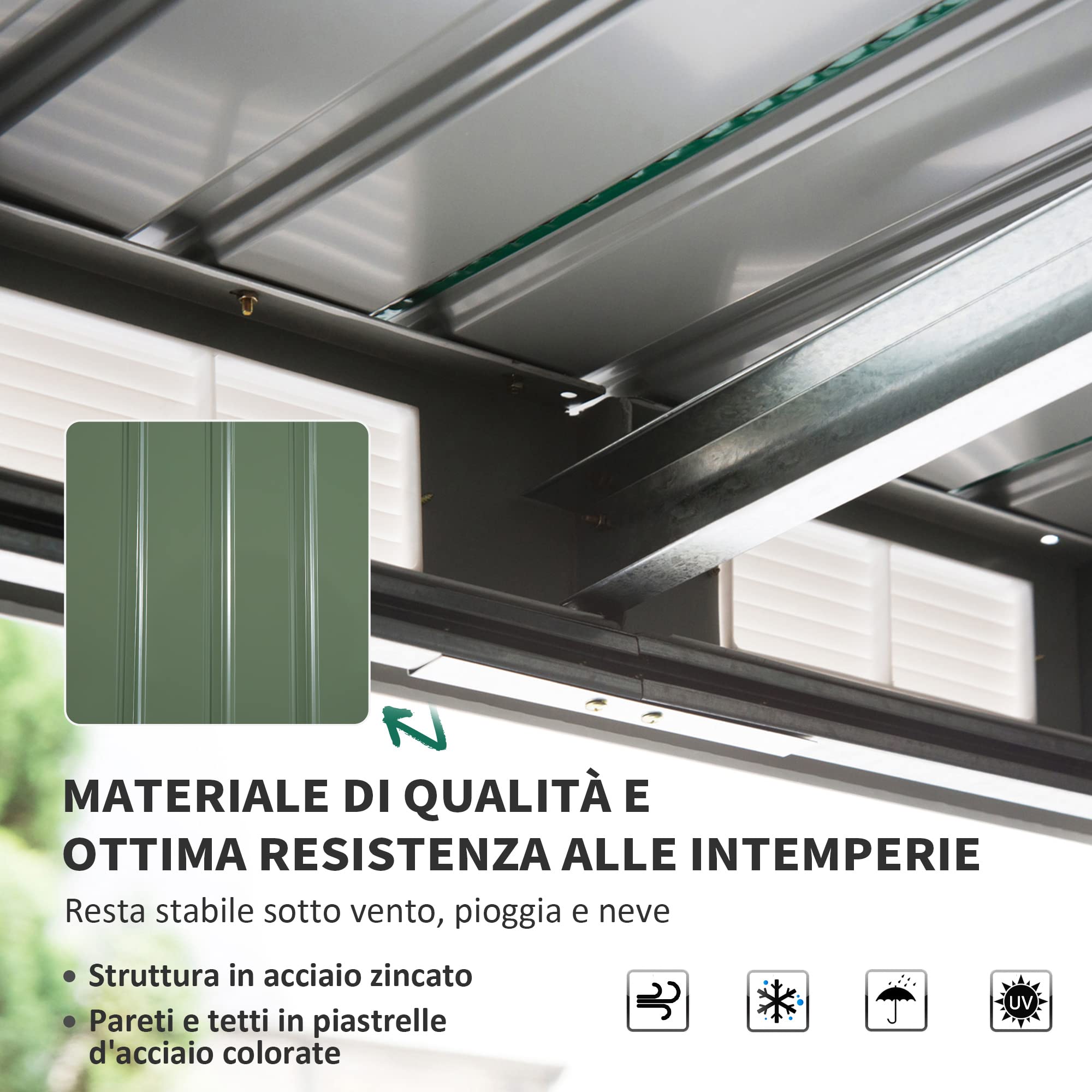 Outsunny Casetta da Giardino in Acciaio con Tetto Inclinato, Doppia Porta Scorrevole e Prese d'Aria, 213x130x173 cm, Verde