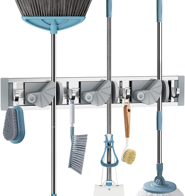 HCYW Broom Holder, Aerospace-grade Aluminum Brush Holder, Heavy Duty Mop and Broom Holder Wall Mounted with 3 Slots and 4 Hooks for Garden, Garage, Kitchen, Office, and Laundry Room (Silver)