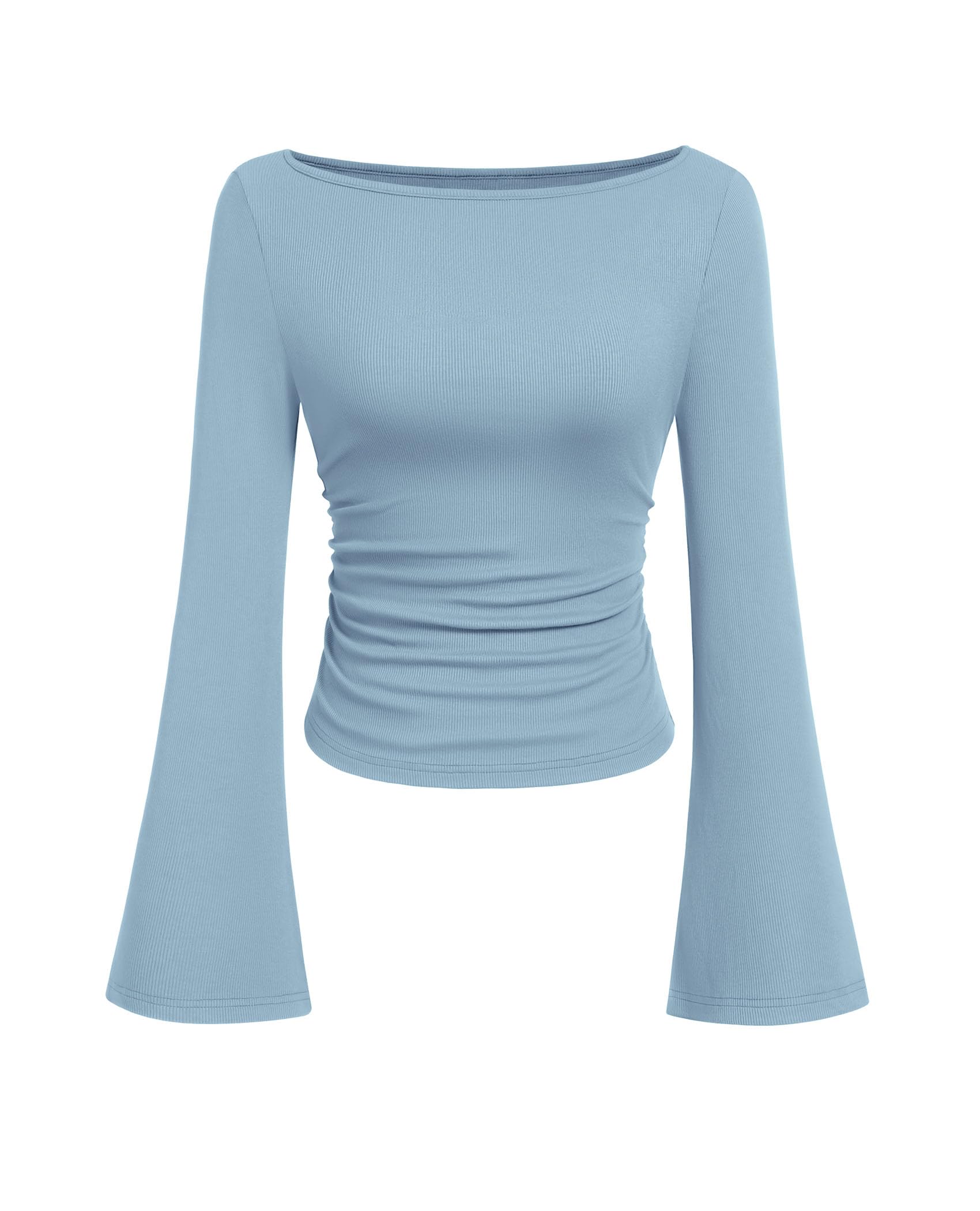 PRETTYGARDEN Womens Bell Long Sleeve Ribbed Knit Tops | Trendy Boat Neck Y2K Cropped Going Out Tops, Ruched Slim Fit Cute Garment Friendly Shirts, Fall Outfits, Fashion Clothing