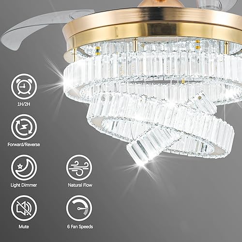 Miniatura 2 de CLAIRDAI Ventilador de techo retráctil de 42 pulgadas, ventilador de techo de cristal con luz regulable, ventilador de techo invisible de 6