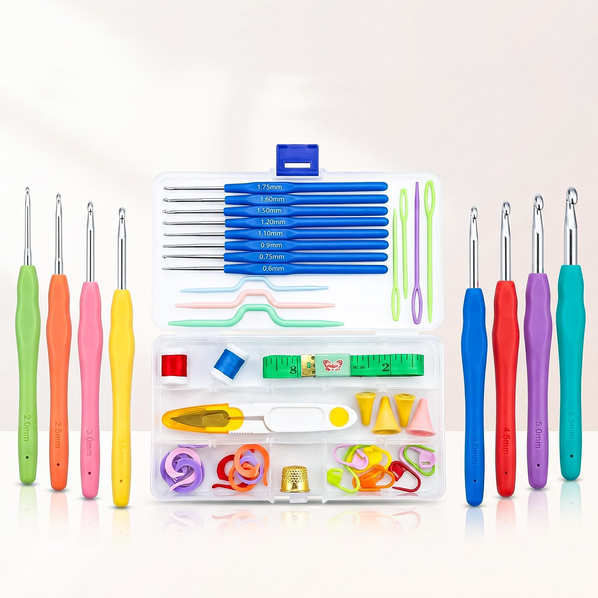 CLAPONE 52 Piece Crochet Set Crochet Kit Crochet Hooks Knitting Kit Crochet Needles Yarn Needle Knitting Needles Set for Beginners Knitting Needles with Ergonomic Handles,Multicolour