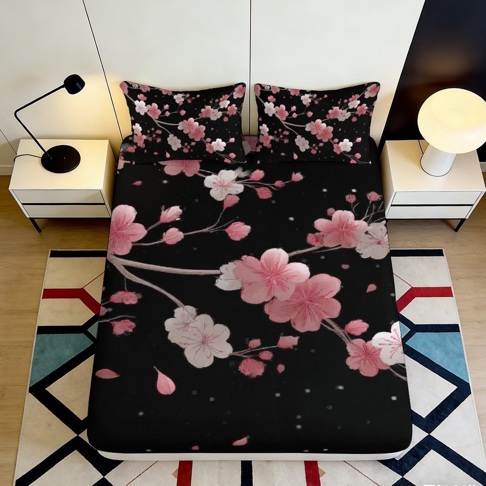 3D Printed Sakura Fitted Sheet Microfiber Deep Pocket Elastic Hem Bedroom Sakura Mattress Fitted Cover Washable for Adults 140x200x25cm