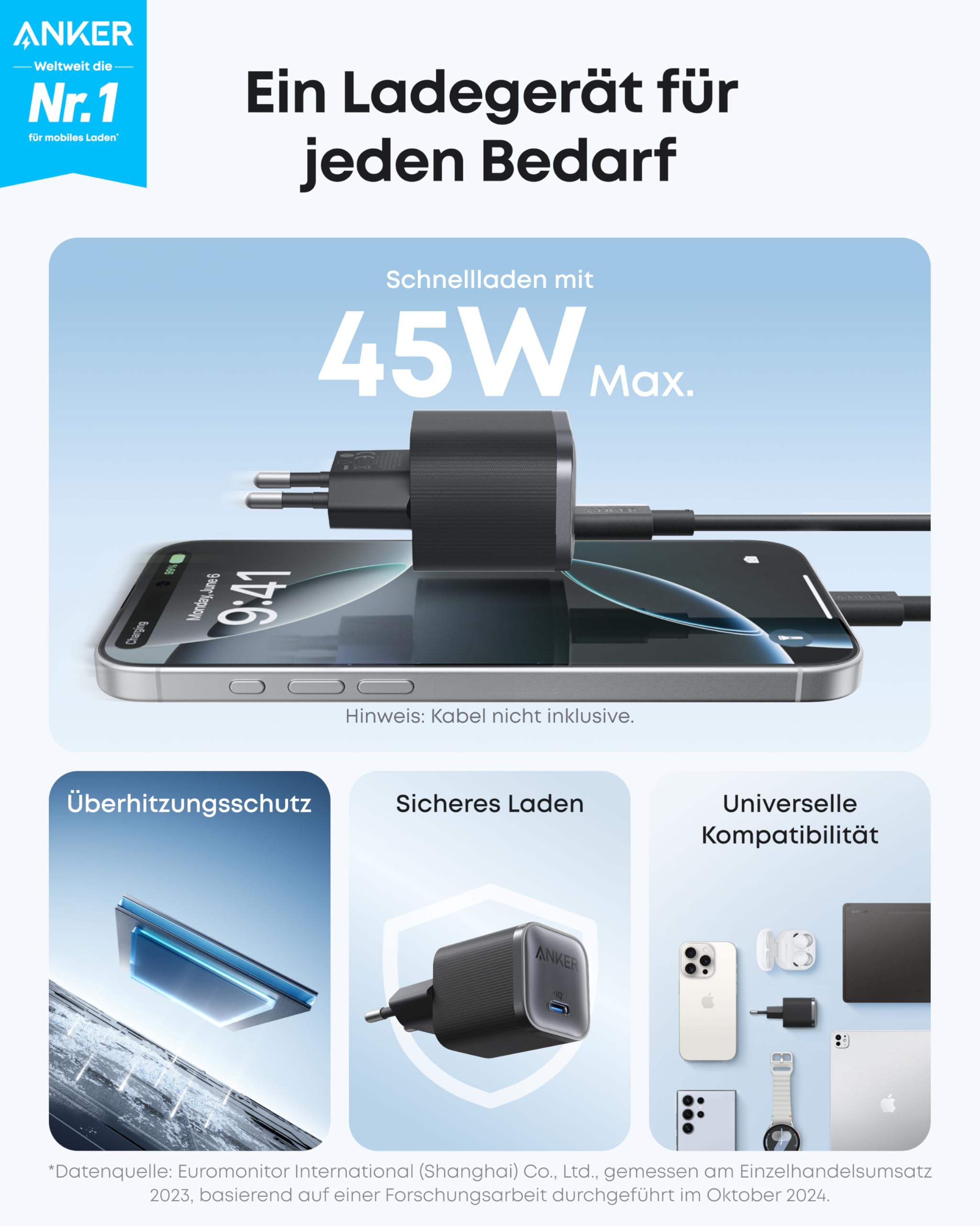 Anker Nano 45W USB C Ladegerät, kompakter Netzteil, Schnellladegerät für iPhone 17/Pro/Pro Max/iPhone Air/16/15, MacBook, Pixel 9, iPad, Samsung Galaxy S25 Ultra/S24 Serie (inkl. 1,8m Kabel)