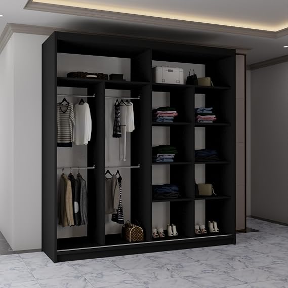 MN Furniture Modern Double Sliding Door Wardrobe 2 Mirrored Hanging Rails & Shelves Storage Cabinet for Bedroom (California Black, 203cm)