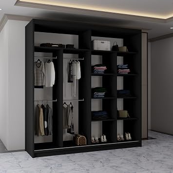 MN Furniture Modern Double Sliding Door Wardrobe 2 Mirrored Hanging Rails & Shelves Storage Cabinet for Bedroom (California Black, 203cm)