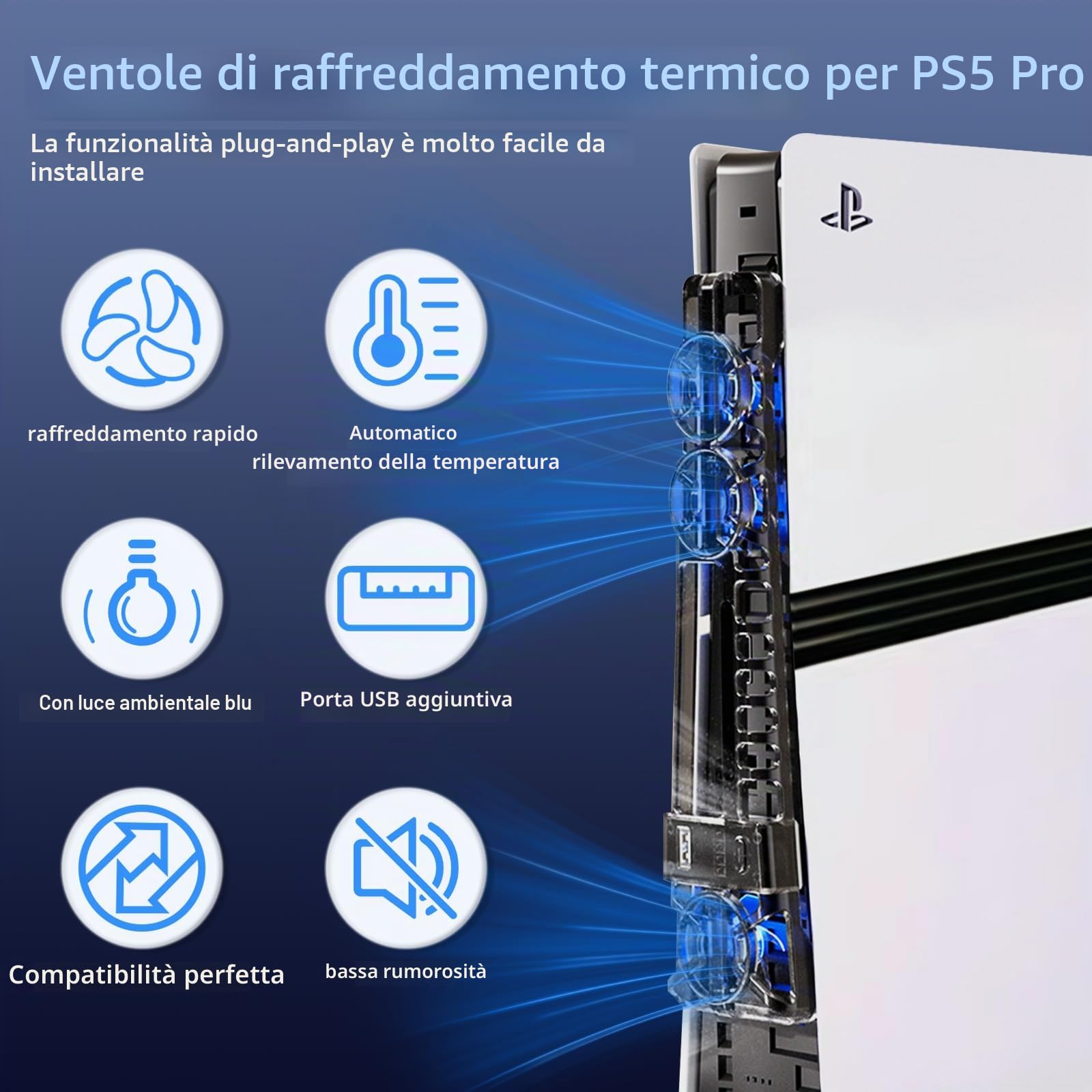 Accessori di Raffreddamento per PS5 Pro/PS5 Slim Ventola di Raffreddamento con Luce LED e Velocità Regolabile,Rilevamento Automatico Della Temperatura,Porta USB Extra