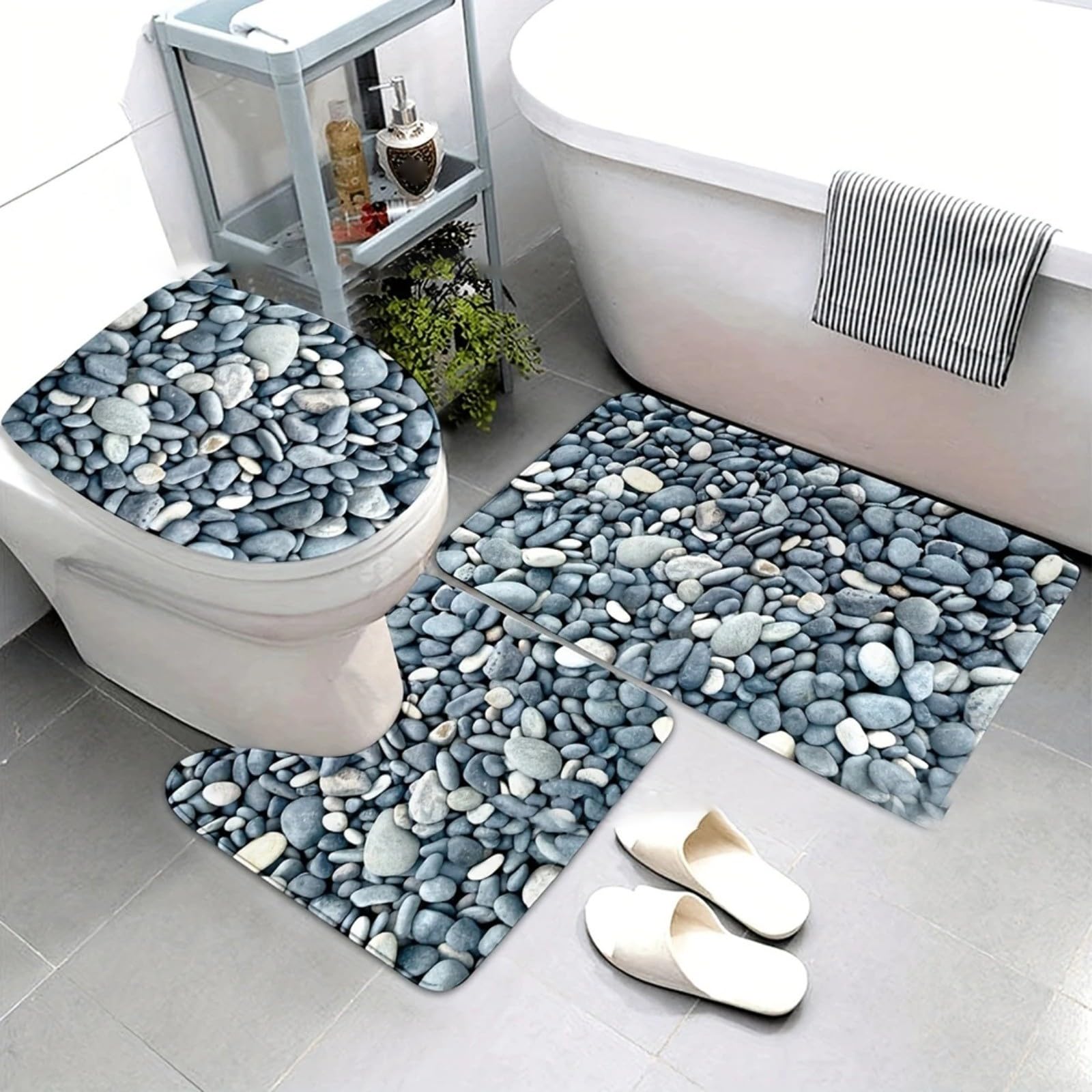 Tapis de bain diatomées galets vert lot de 3 pour douche 101x114 cm