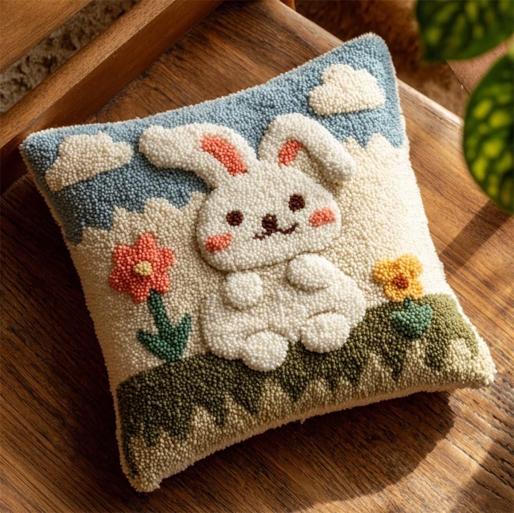 FWRTYCB Latch Hook Pillow Kits for Adults Rabbit On The Grass Knitting Kit