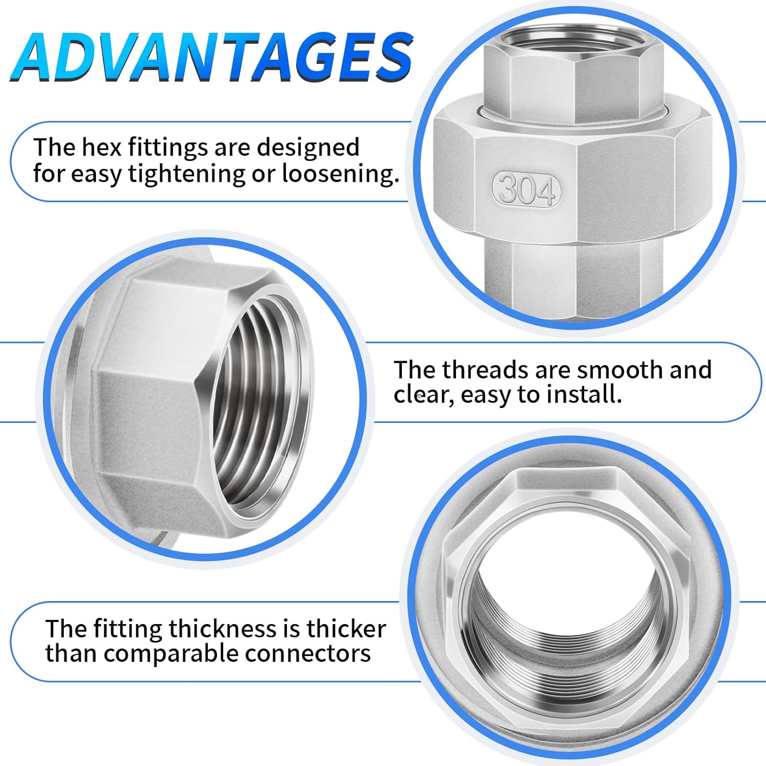 ChillWaves 304 Stainless Steel Cast Pipe Fitting, Union，1/4" NPT Female，Thread Adapter(2-PACK)