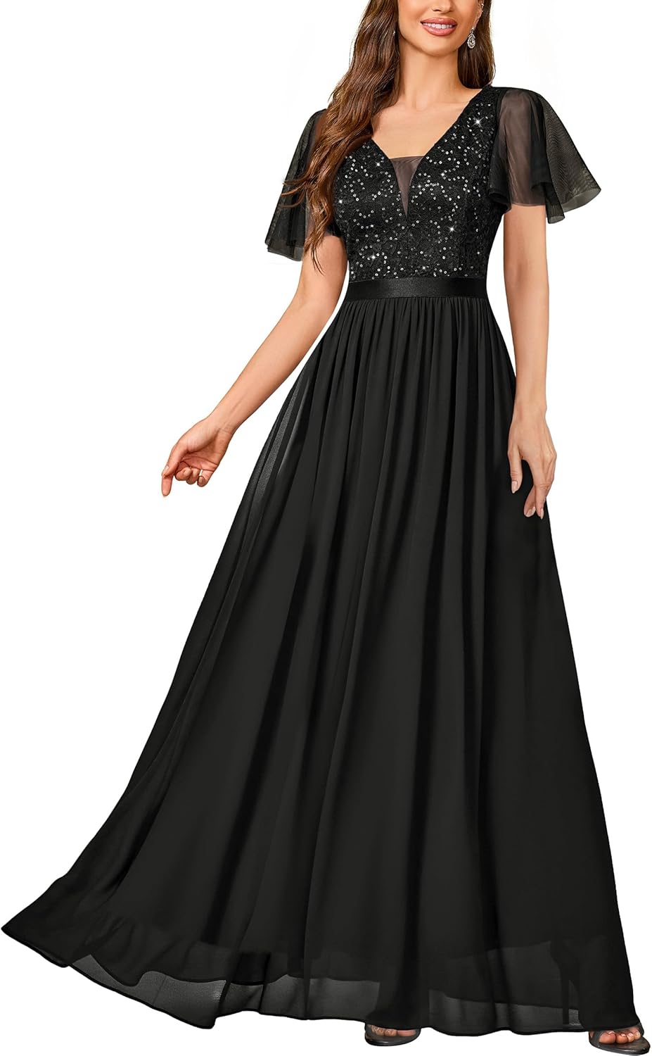 Miusol Women's Elegant Deep-V Neck Ruffle Tulle Sleeve Sequin Lace Formal Maxi Dress