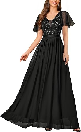 Miusol Womens Elegant Deep-V Neck Ruffle Tulle Sleeve Sequin Lace Formal Maxi Dress