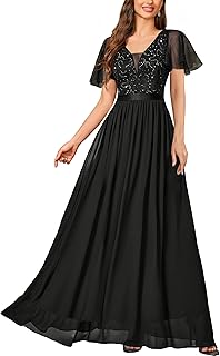 Women's Elegant Deep-V Neck Ruffle Tulle Sleeve Sequin Lace Formal Maxi Dress
