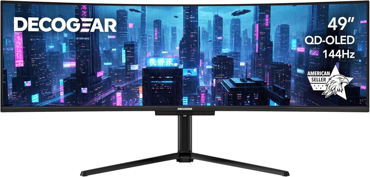 Deco Gear OLED 49 Inch Curved Monitor, 5K2K 5120×1440 Ultrawide Dual QHD, 144HZ, 0.03ms, 32:9 HDR400, Adaptive Sync, R1800 Premium 100% sRGB 90W USB-C, Built-in Speakers Height Adjustable Stand