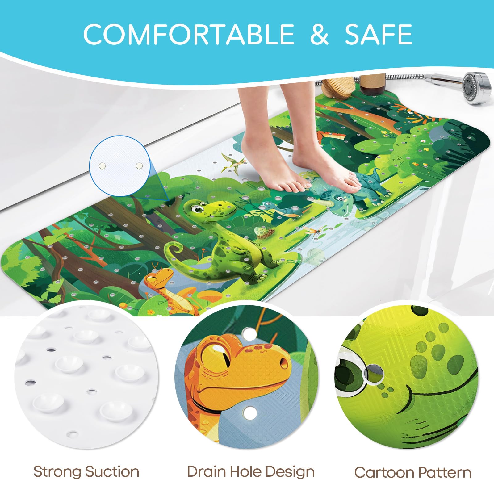 SHUCHING Tapis de Bain Antiderapant Enfant 100 x 40 cm sans BPA Lavable en Machine Dinosaure