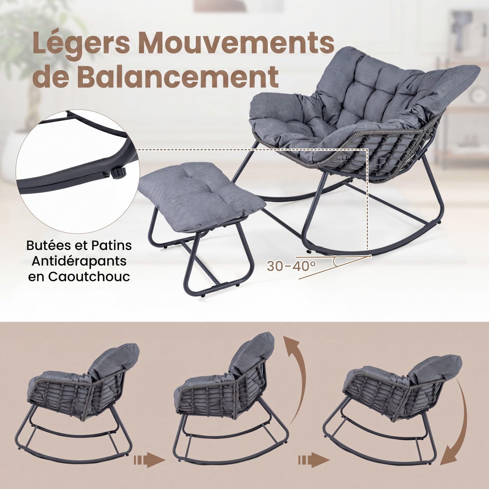 COSTWAY Fauteuil à Bascule Exterieur Interieur avec Repose-Pieds, Chaise de Jardin en Rotin PE & Métal, Coussin Épais Amovible, Fauteuil Œuf pour Balcon Terrasse Jardin Salon, Charge 150+75 kg (Gris)