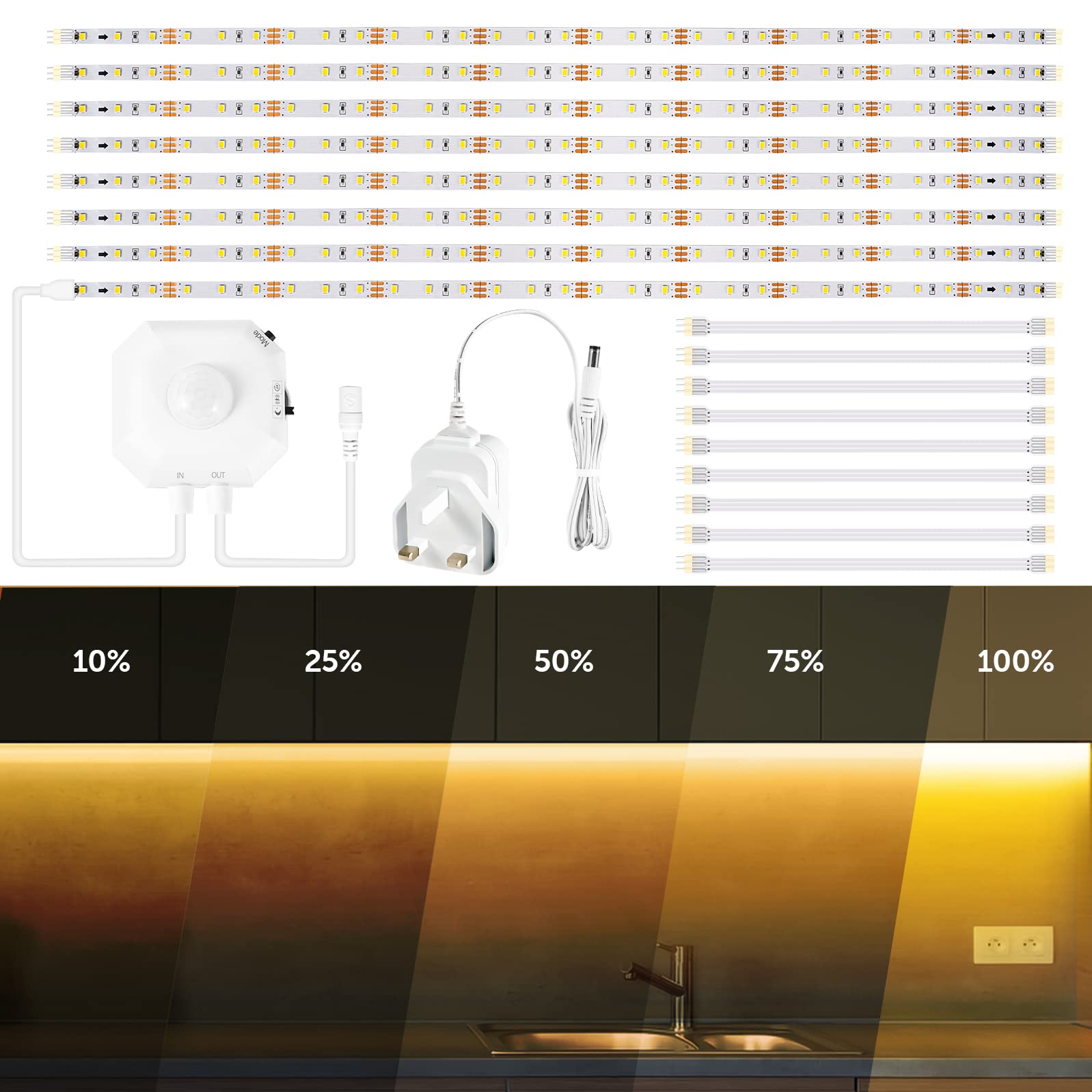 4M Motion Sensor LED Light Strip,8x50cm Warm White Self-adhesive LED Strip Lights with Constant On,Motion Activated,Night Sensing 3 Modes,12V Dimmable PIR Night Light for Bed,Closet,Stair-2700K [Energy Class E]