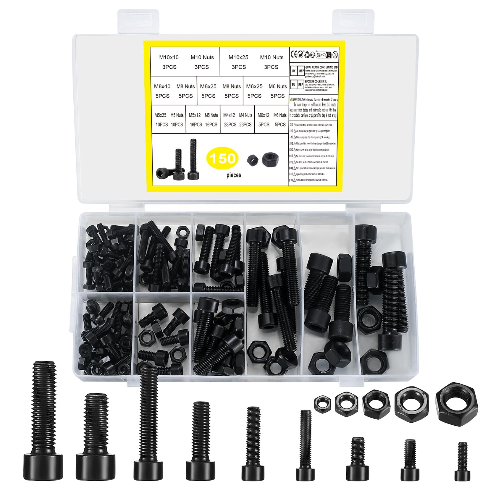 Cylinder Screws with Hex Socket Screws, Pack of 150 Hex Screws with Hex Nut, Hex Head Machine Screws Assortment Kit, Metric Thread Screws - M4/M5/M6/M8/M10