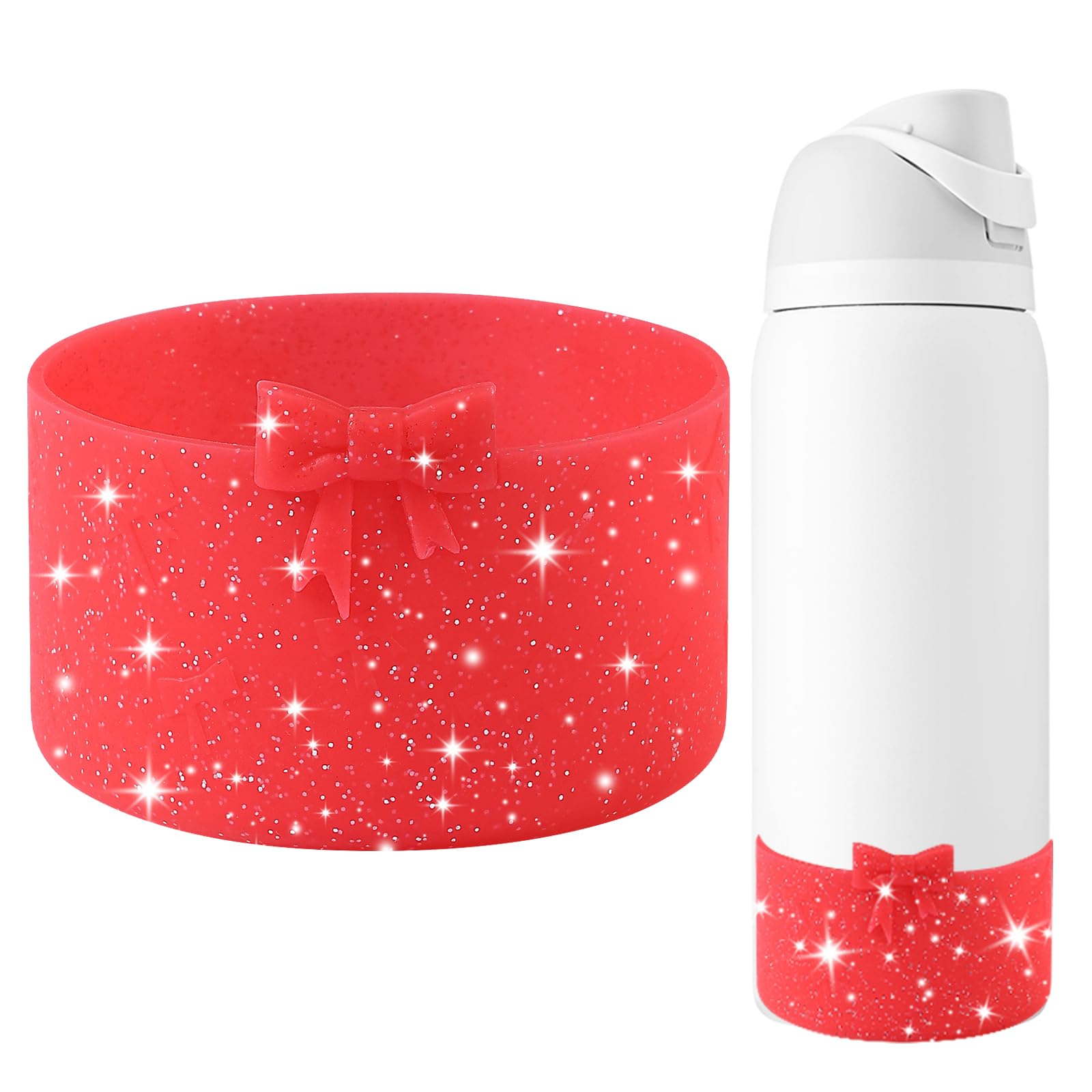 GAISHION Glitter Silicone Bow Boot Compatible with Owala 32 oz Water Bottles,Protective Sleeve Anti-Slip Bottom Bumper for FreeSip, Twist, and Flip Stainless Steel Water Bottles Accessories-Red