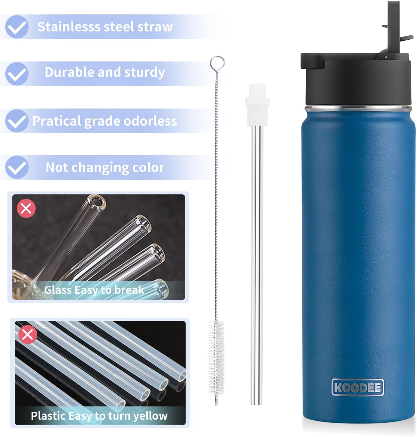 koodee 2 Pack Water Bottle 26 oz Stainless Steel Insulated Water Bottle With Straw Reusable BPA Free,Sports Water Bottle for Boys(Navy-Grass Green)
