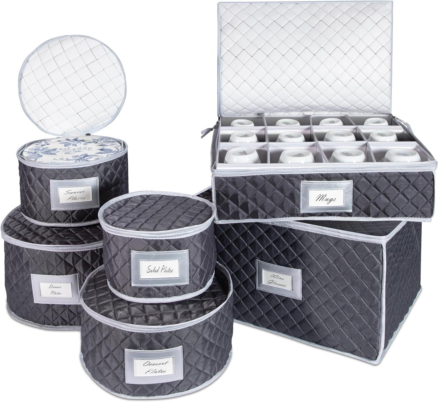 Yoqiren China Storage Containers, 6 ps Hard Shell Dish Storage Containers, Quilted Dinnerware & Stemware Set Bins for Packing Dishes and Glasses, Cup Organizer with Dividers for Moving and Christmas