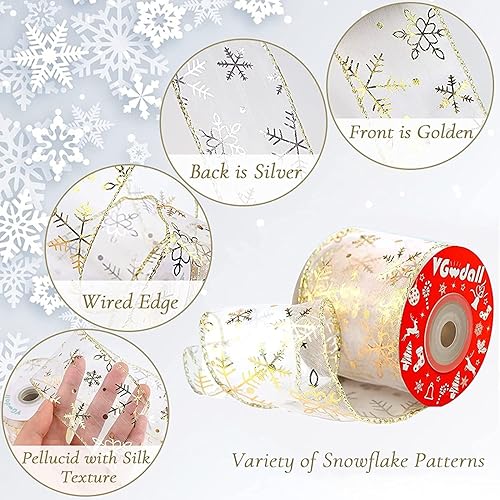 Miniatura 3 de VGOODALL Cinta de copo de nieve dorada, 2.4 pulgadas, 10 yardas con purpurina, cinta de Navidad dorada y plateada con alambre para guirnalda de