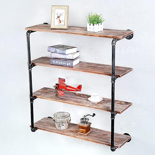 Miniatura 6 de Estantes flotantes para estanterías industriales de pared, estantes de tubería con estante de madera, estante flotante de metal montado en la pared,