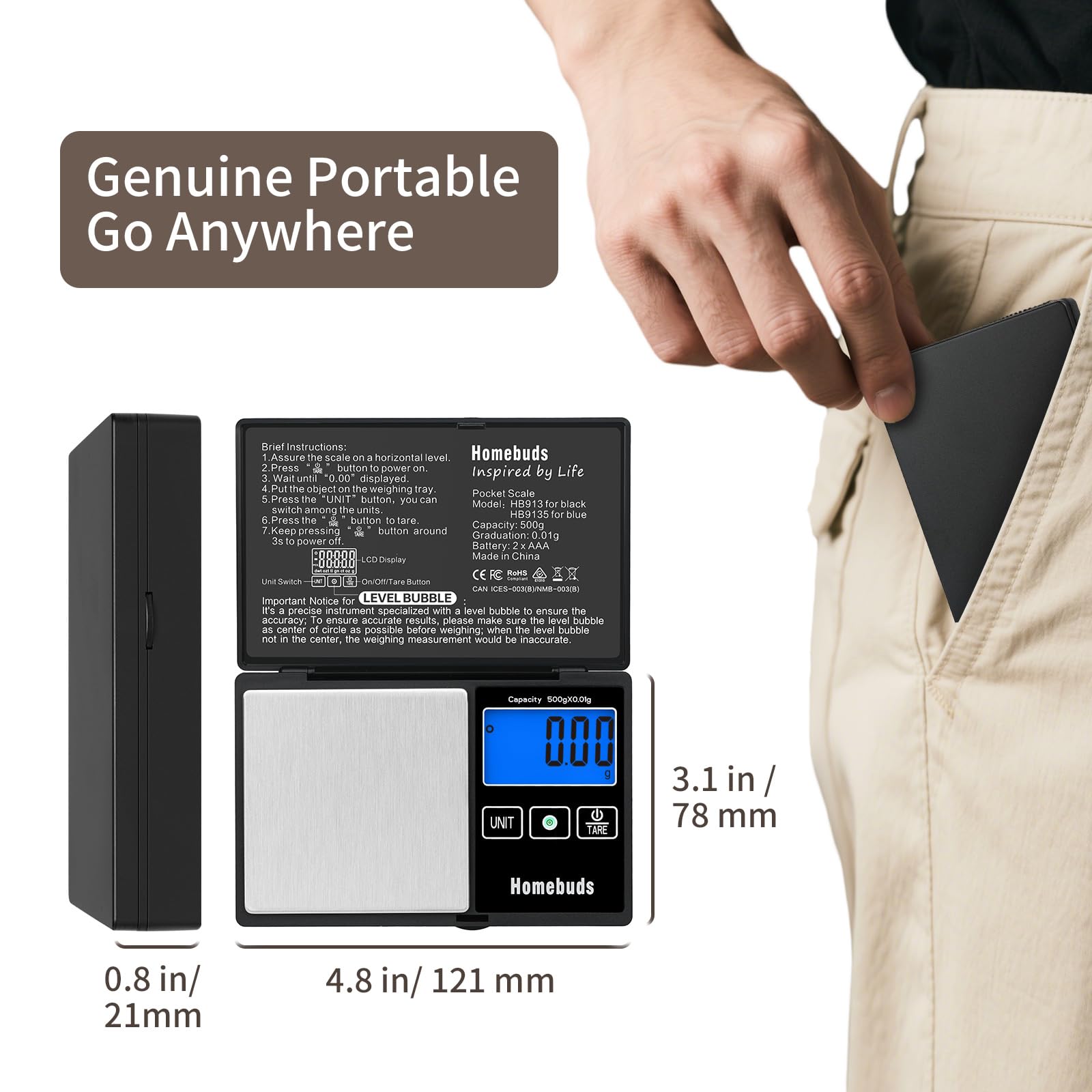 Báscula digital de gramo de 17.64 oz de alta precisión en 0.00 oz con nivel de burbuja, asegurada por una fábrica profesional de básculas de alimentos desde 2001, báscula de bolsillo para 4