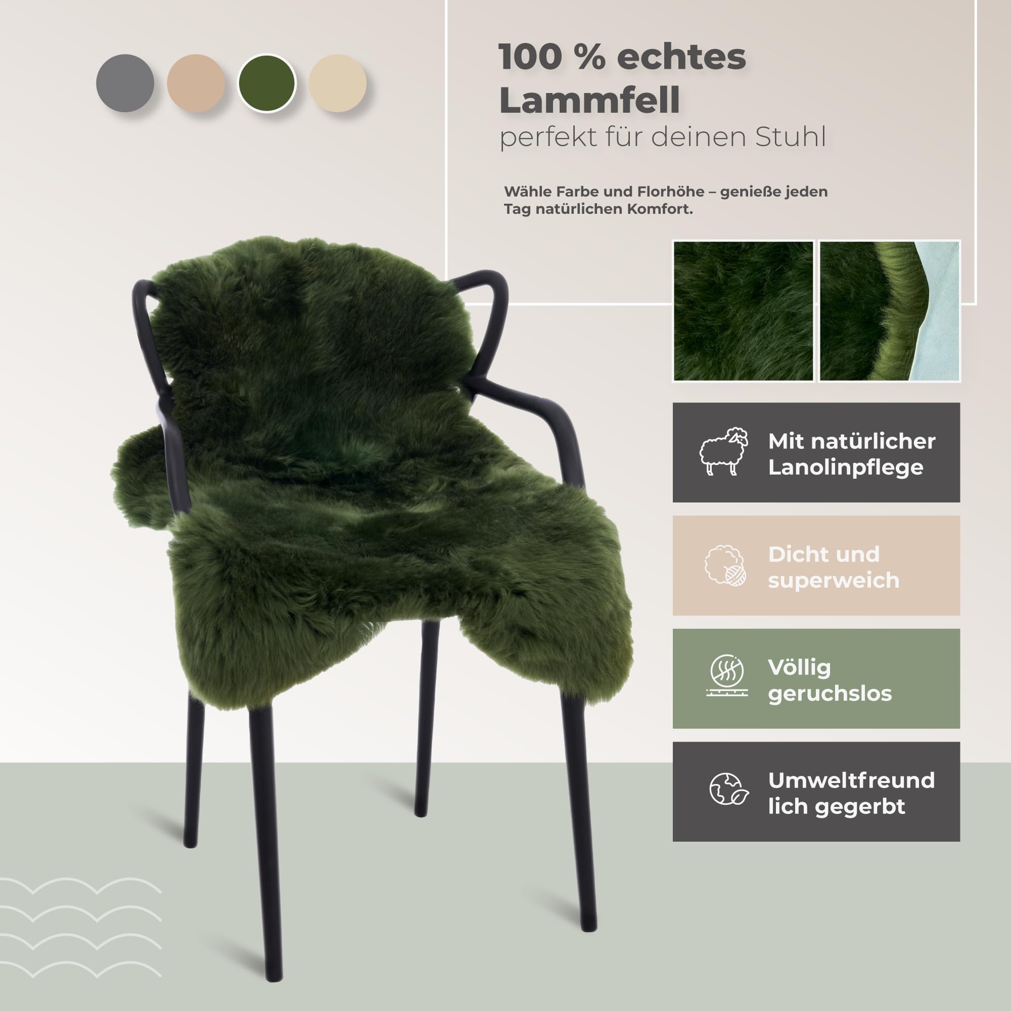 Peau d'agneau australienne véritable - Vert - 90 x 60 cm - Peau de mouton véritable - Fourrure naturelle