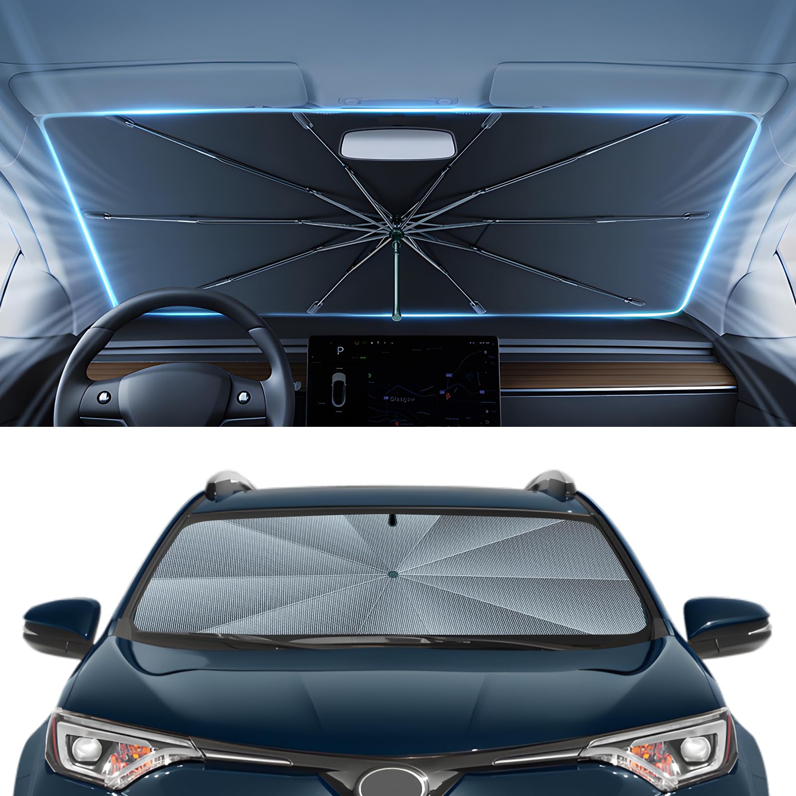 Autorder Windshield Sun Shade Umbrella for 2013-2018 Toyota RAV4 Accessories,Upgraded Ice Crystal Material,Easy Setup Umbrella Sunshade for Car Windshield,100% Sun Blocking