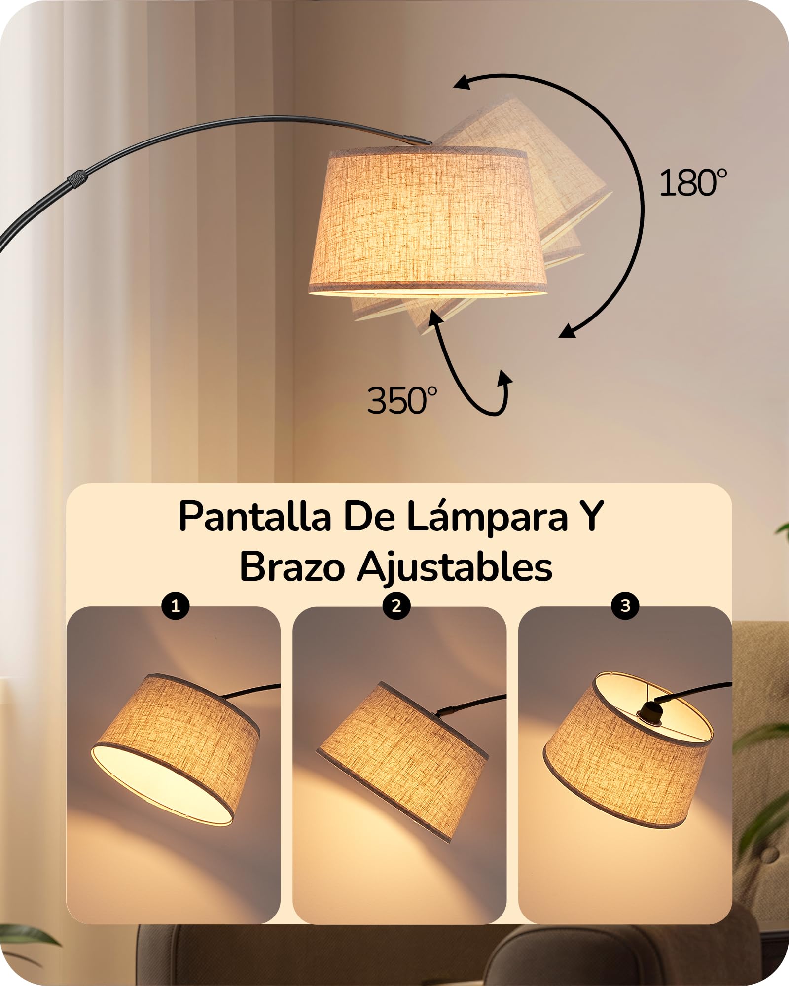 EDISHINE Lámpara de Pie para Salón, Altura Ajustable 143-176 cm, Lámpara de Arco con Cabeza Giratoria y Estructura de Metal, Mando Magnético, Regulable, Casquillo E27 con LED 9W Incluida