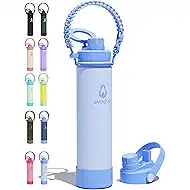 24 oz Insulated Water Bottle with 2 Lids (2-in-1 Straw & Spout Lid, Magnetic Lid), Slim Water Bottle with Strap, Stainless Steel Water Bottle for Hiking, Gym, Travel, BPA-Free, Light Blue
