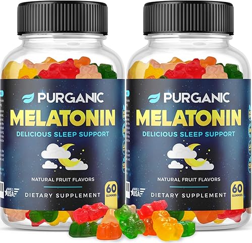 Purganic Paquete de 2 gomitas de melatonina para niños y adultos, vitaminas gomosas para ayudar al sueño, dosis de 5 mg o 10 mg, suplemento natural