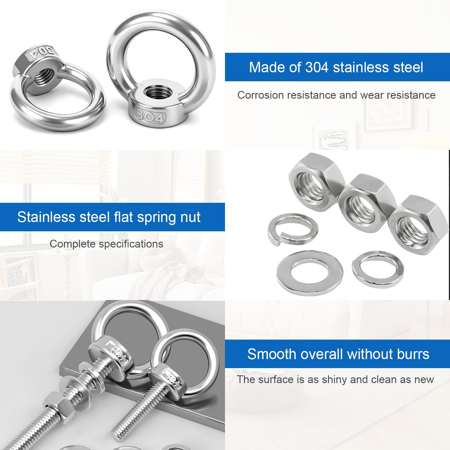 Golfari Bullone Bulloni a Occhiello M8 x 60 mm in Acciaio Inox, 6 Pezzi con Rondelle e Dadi Esagonali, Occhielli Resistenti alla Ruggine per Fissaggi, Appendere, Progetti Legno Metallo Ferrovie